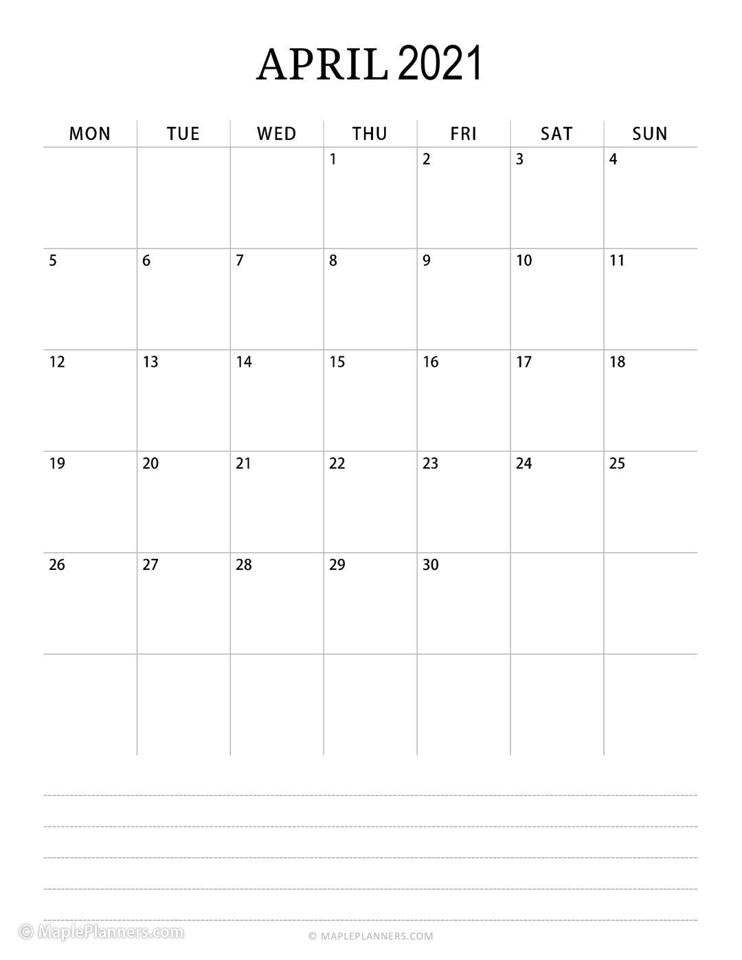 April Monthly Calendar 2021 Vertical Layout