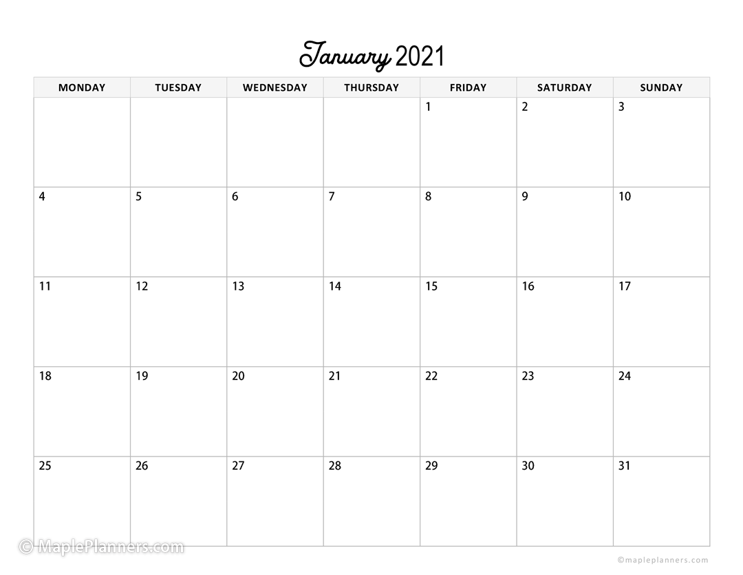 January 2021 Monthly Calendar Horizontal Layout
