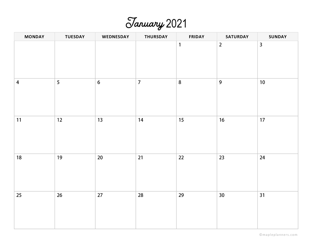 January 2021 Monthly Calendar Horizontal Layout