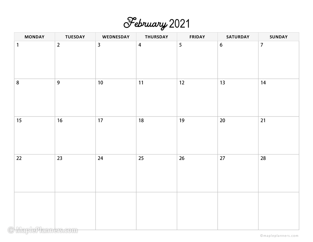 February 2021 Monthly Calendar Horizontal Layout