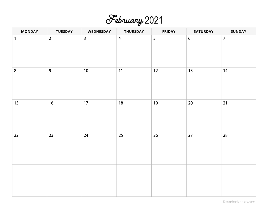 February 2021 Monthly Calendar Horizontal Layout