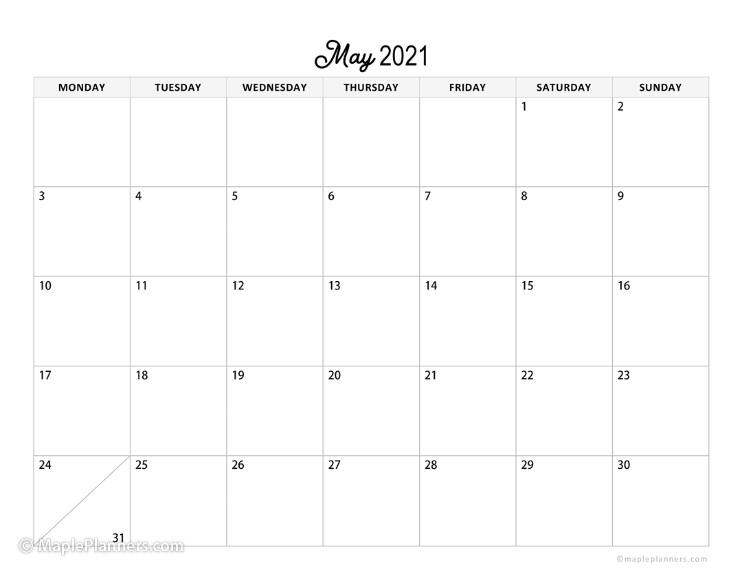May 2021 Monthly Calendar Horizontal Layout