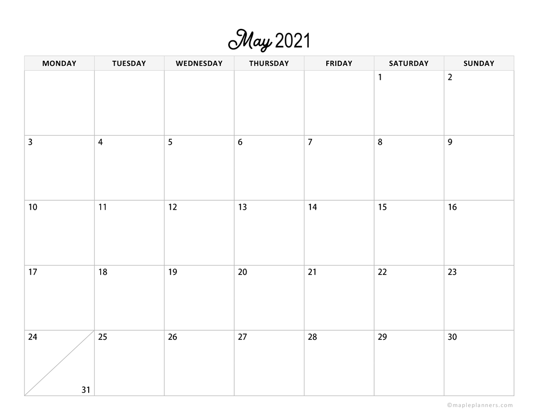 May 2021 Monthly Calendar Horizontal Layout