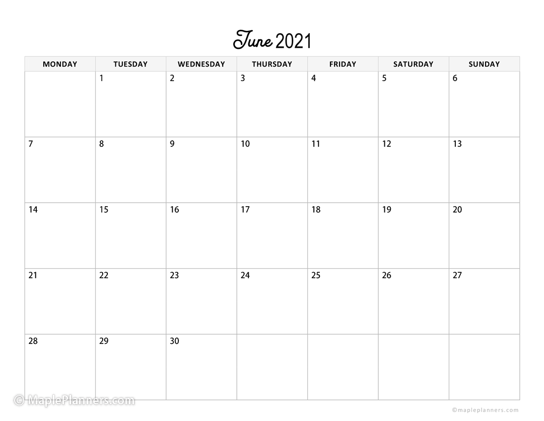 June 2021 Monthly Calendar Horizontal Layout