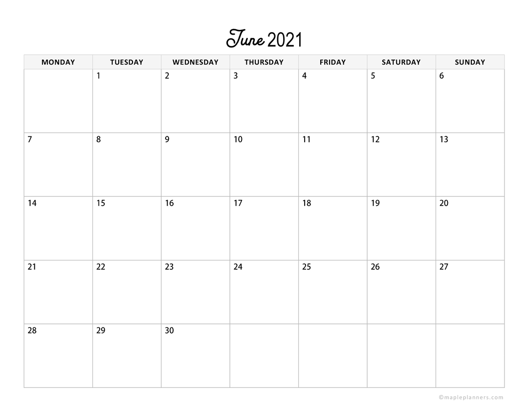 June 2021 Monthly Calendar Horizontal Layout