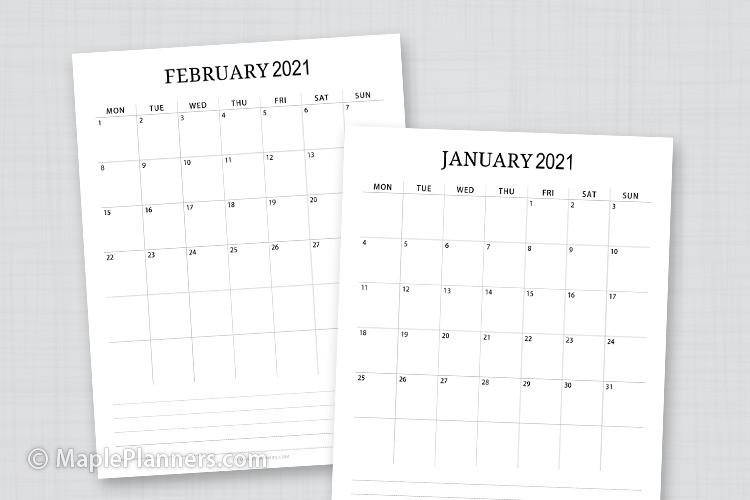 2021 Monthly Calendar - Vertical Layout