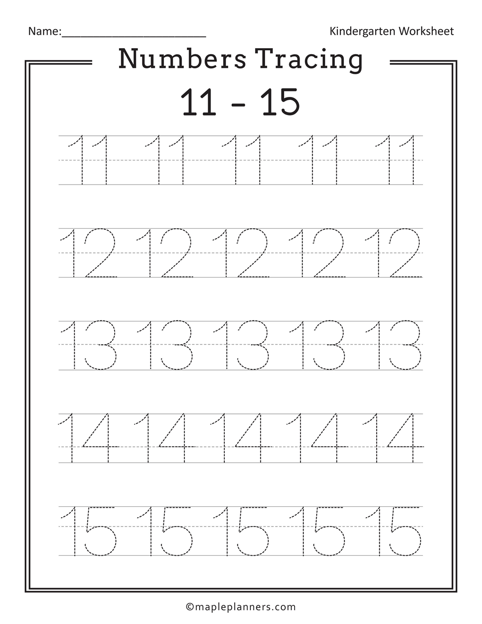 Numbers tracing 11-15 worksheet