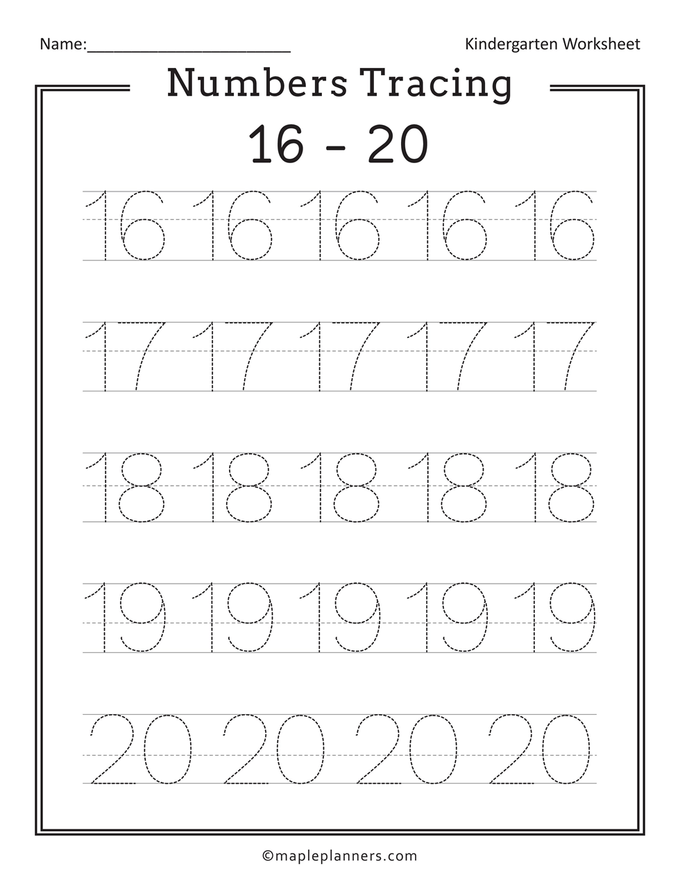 Numbers tracing 16-20 worksheet