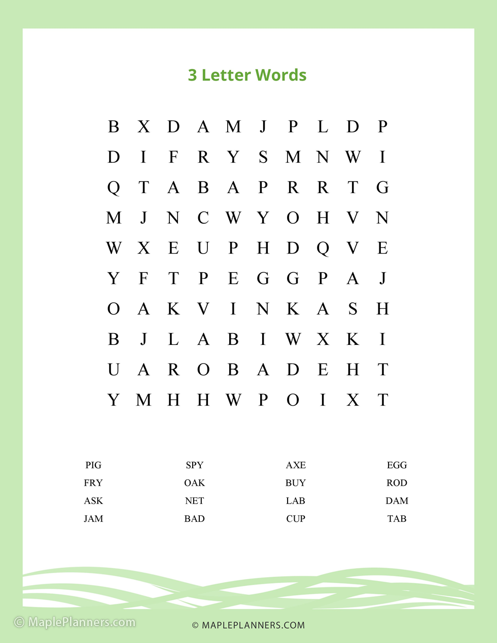 3 Letter Word Search Puzzle