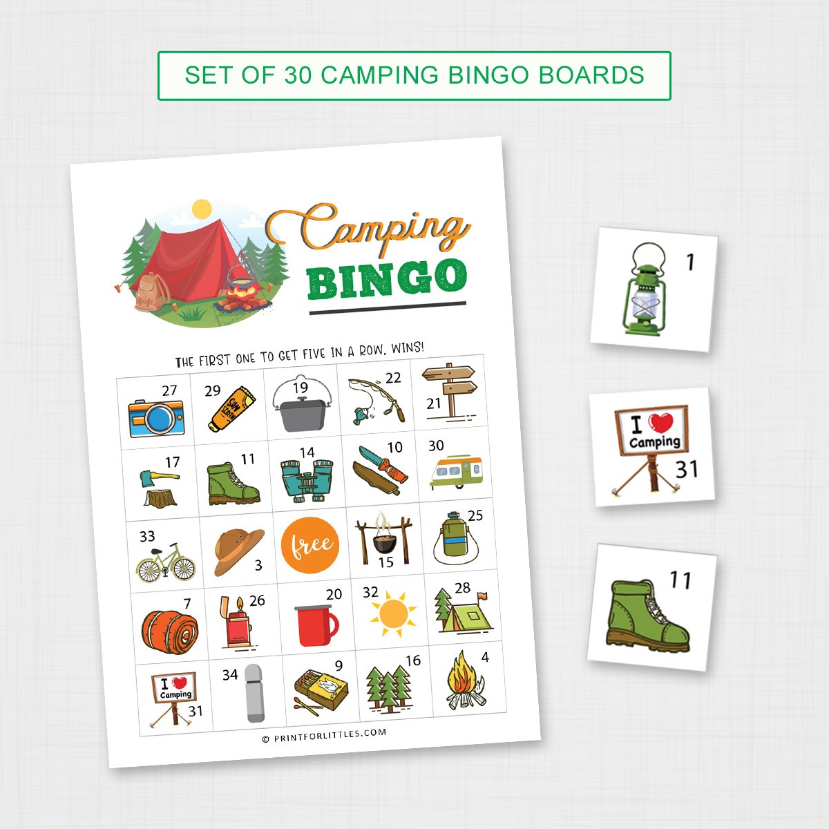 Set of 30 Camping Bingo Game Cards
