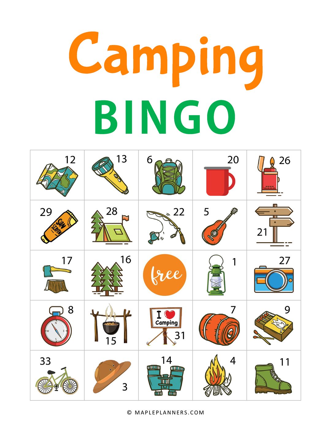 Printable Camping Bingo Game Cards