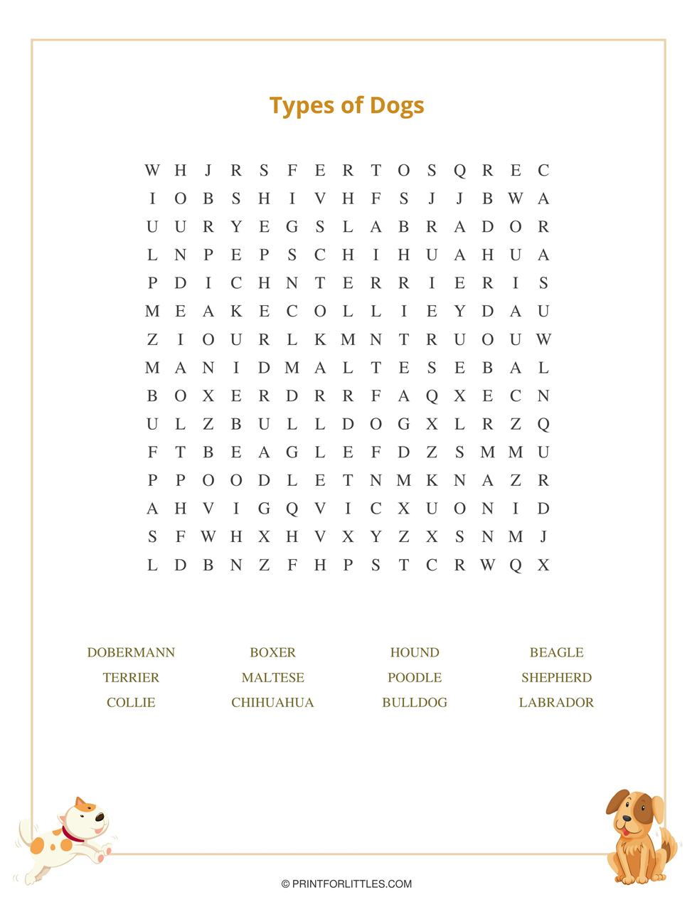 Types of Dogs Word Search Puzzle