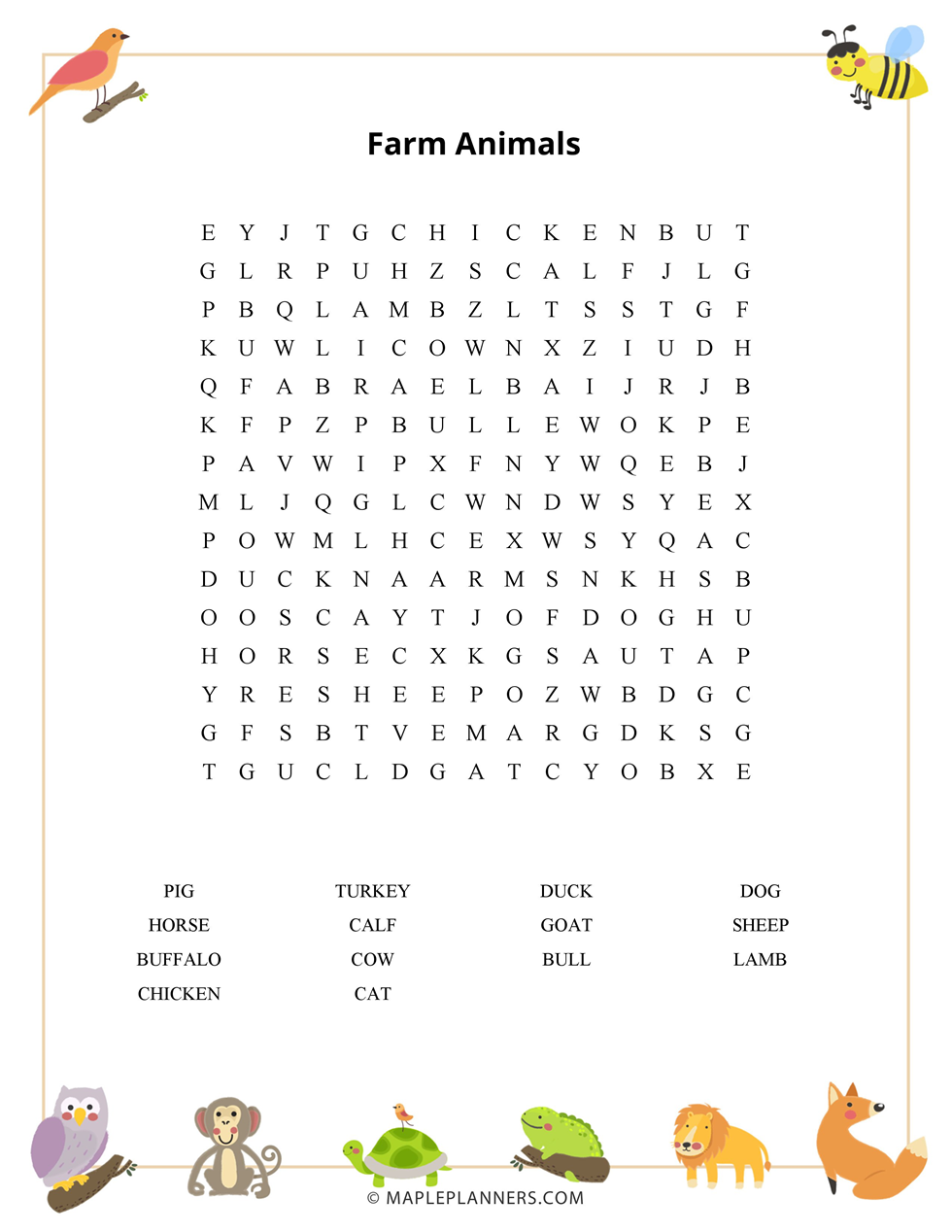 Farm Animals Word Search Puzzles