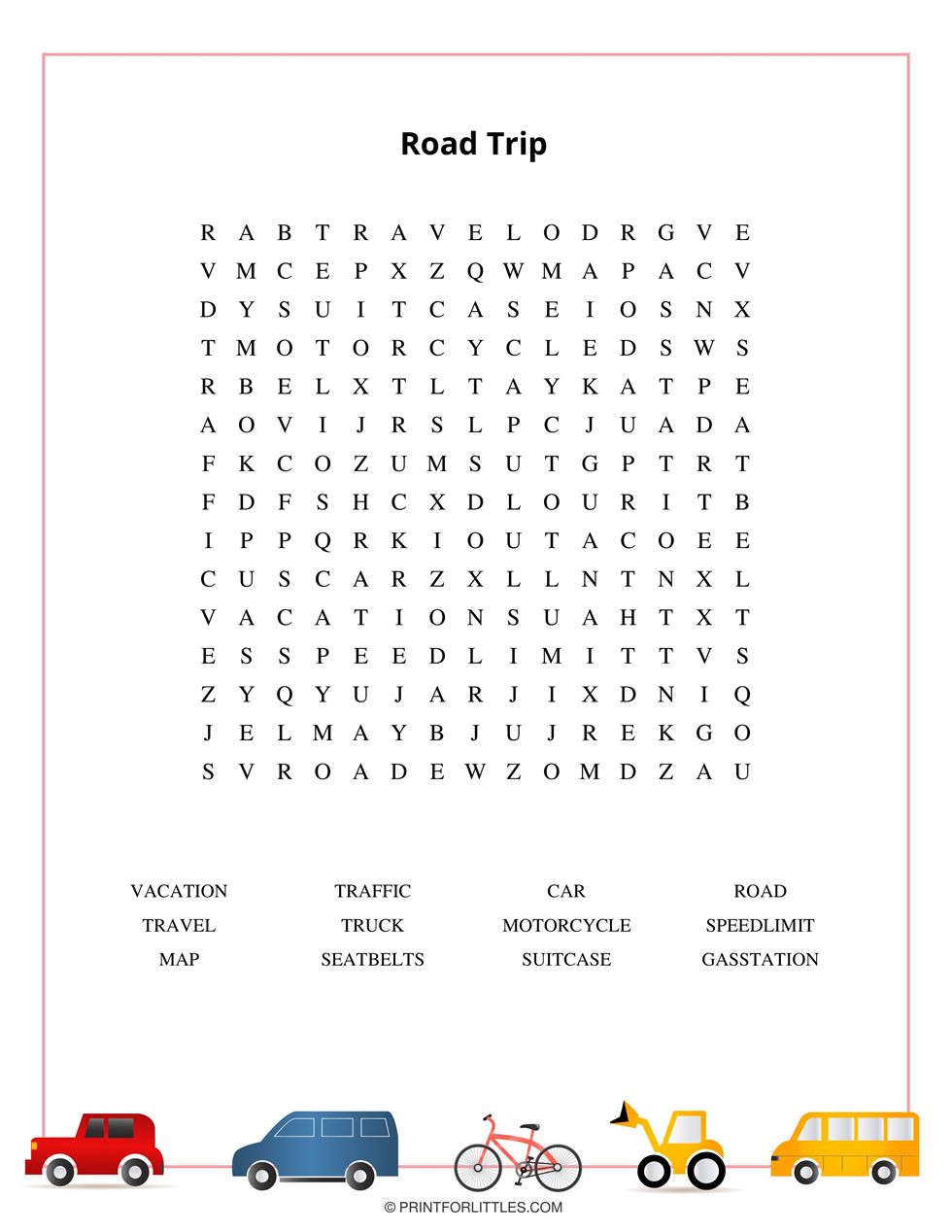 Road Trip Word Search Puzzle