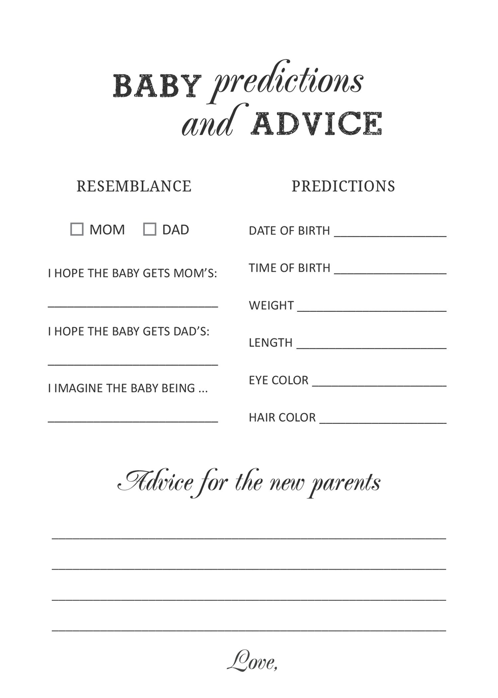 Baby Prediction and Advice Cards Minimalist Baby Shower Predictions BPA-024 Editable Baby Predictions Template Baby Shower Game