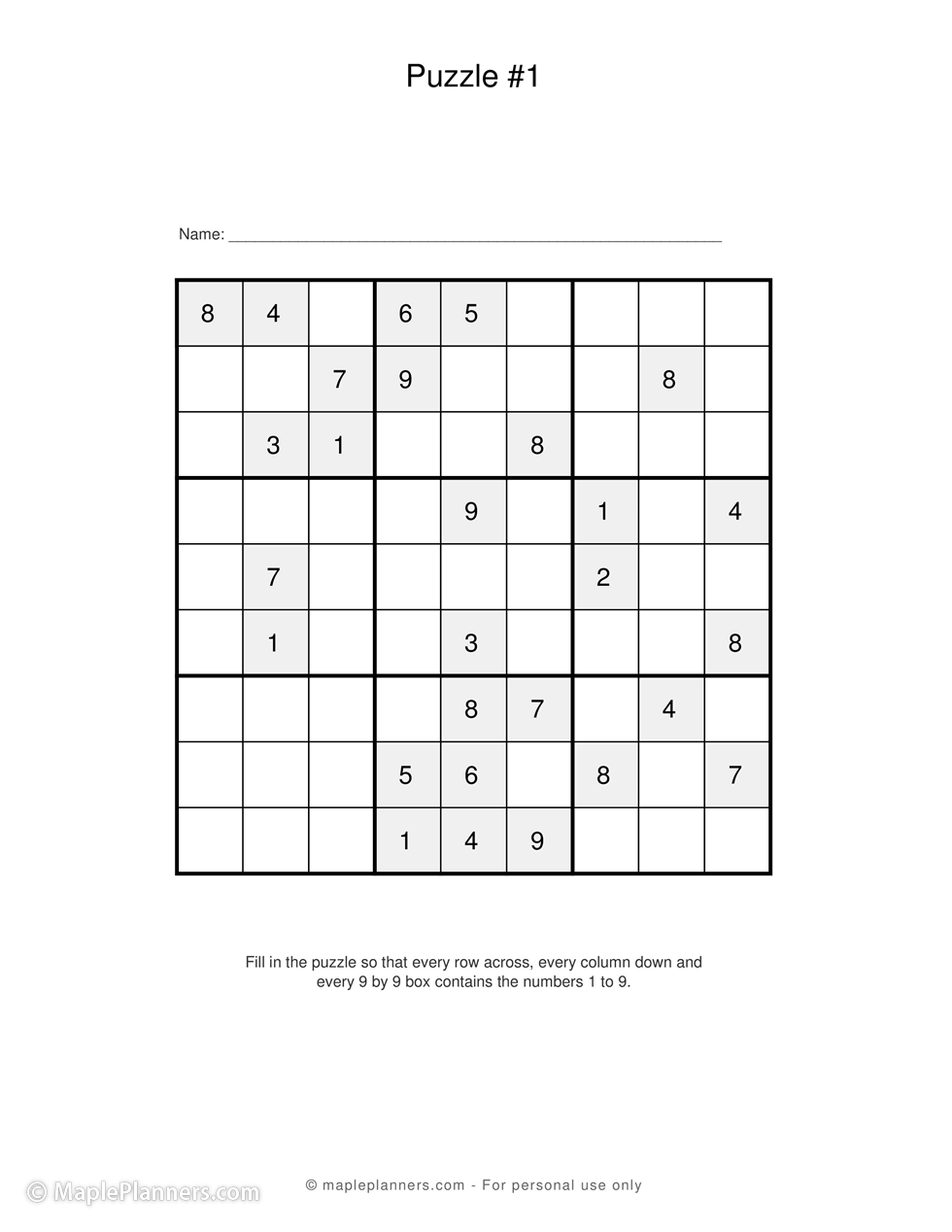 Printable Sudoku Puzzle Games