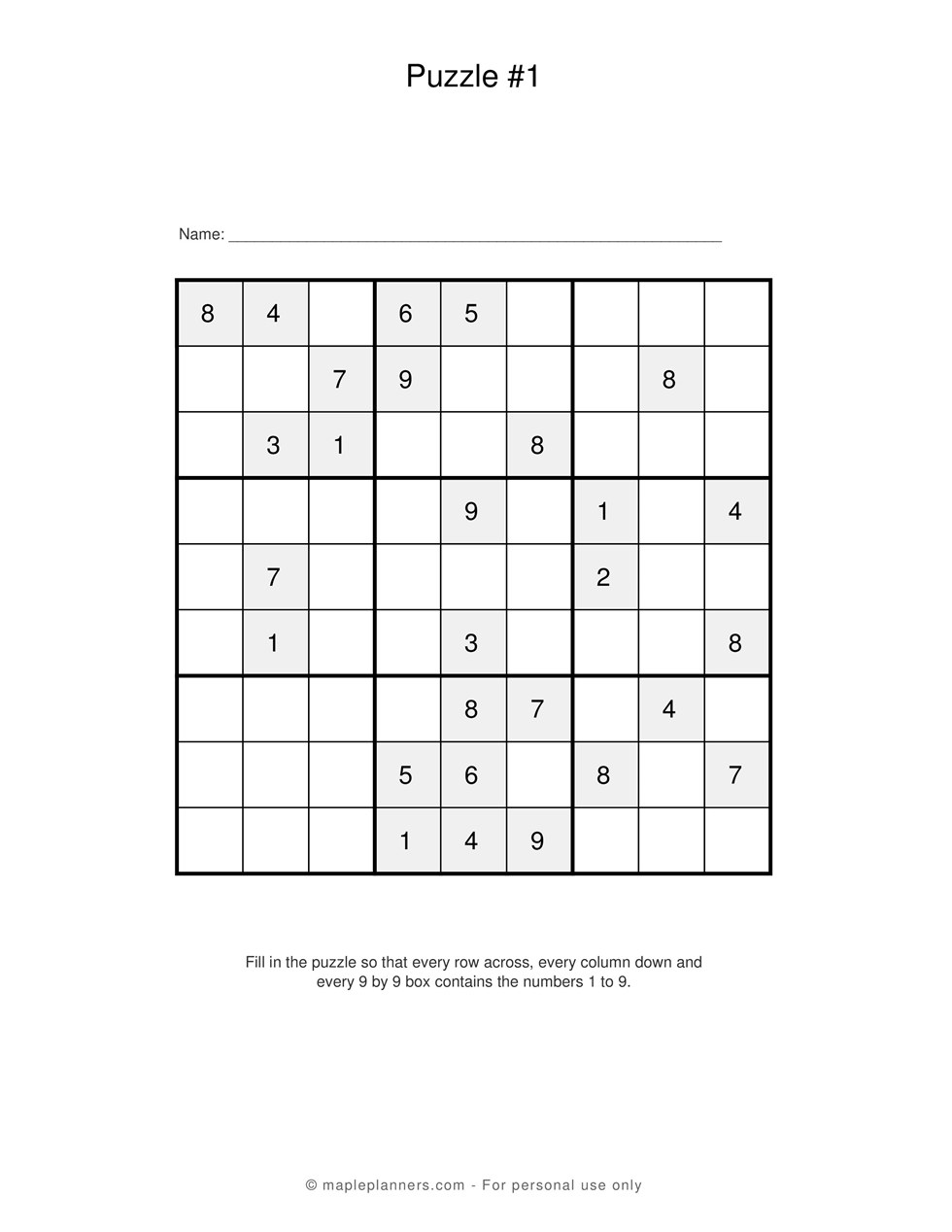 Printable Sudoku Puzzle Games