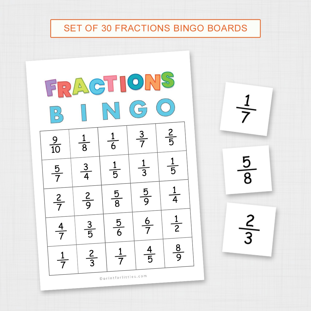 Set of 30 Fractions Bingo Game Cards Printable