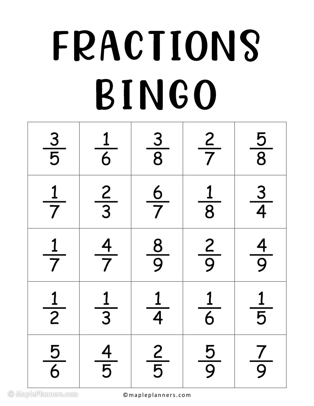 Free Printable Simplifying Bingo Game