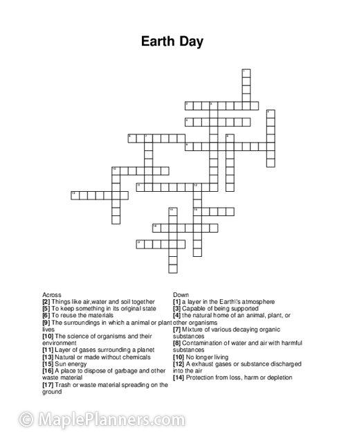 Free Printable Earth Day Crossword Puzzle