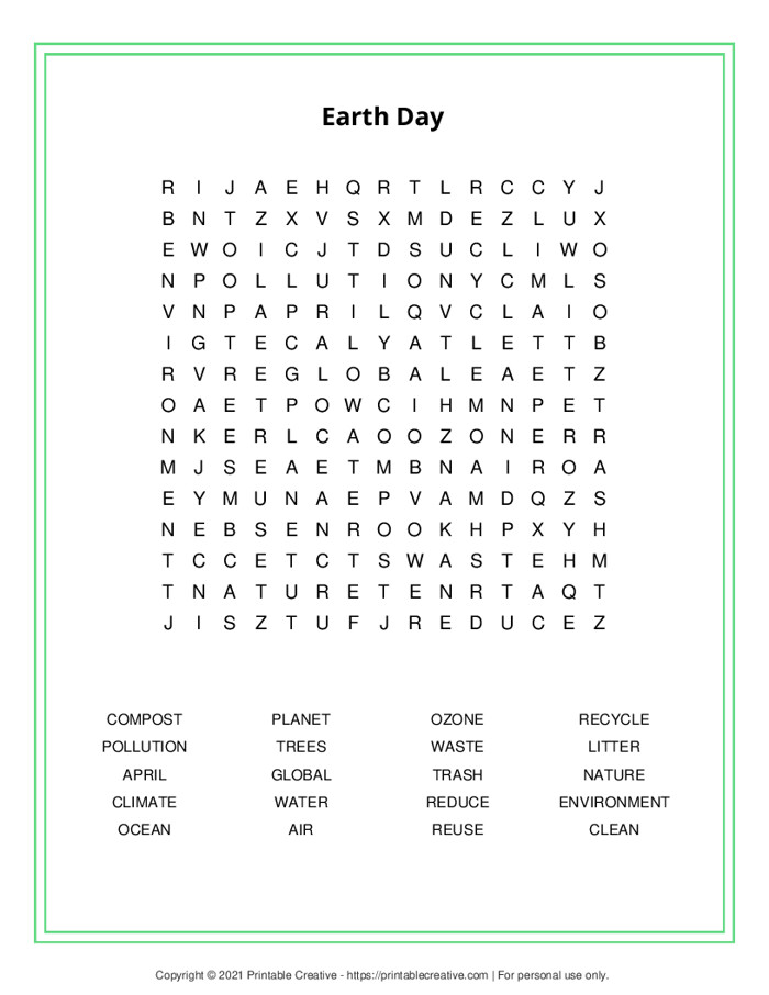 Earth Day Word Search Free Printable