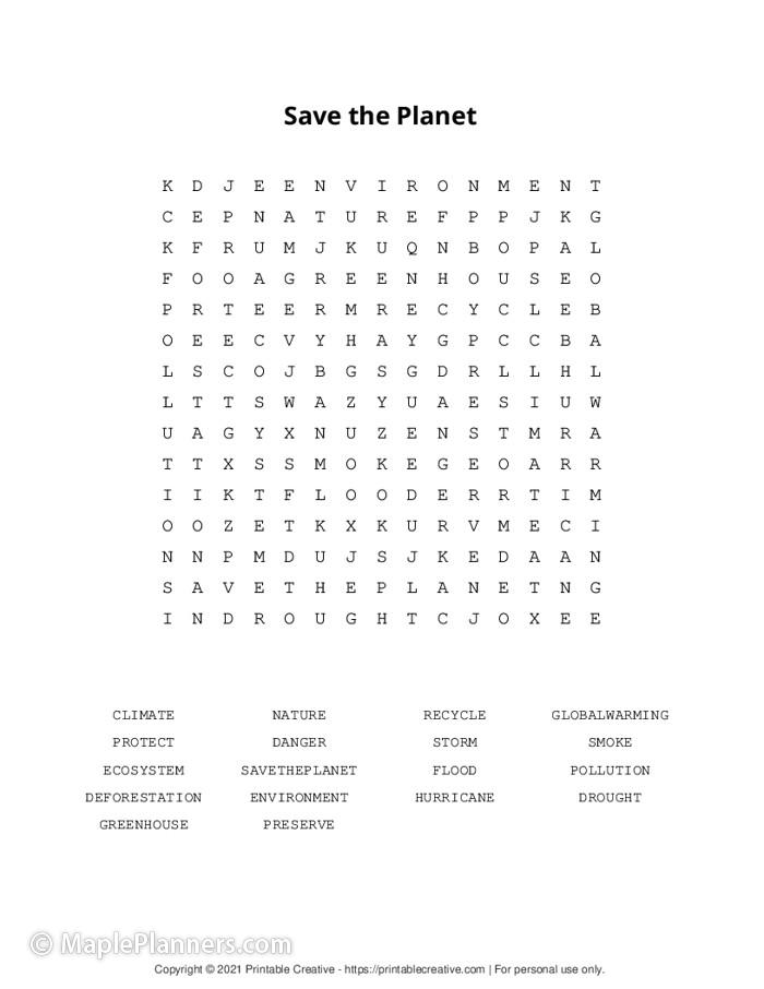 Save the Earth Word Search Free Printable