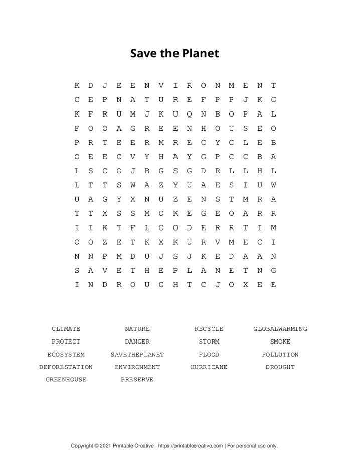 Save the Earth Word Search Free Printable