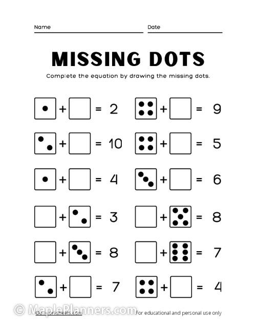 Free Printable Math Worksheets Add the Missing Dots