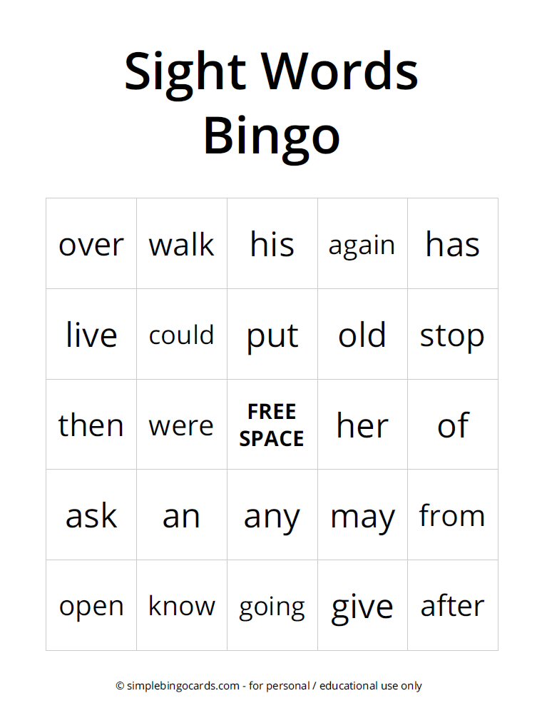 Make your own Sight Words Bingo