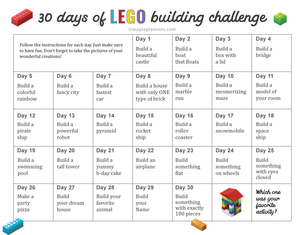 30 Day LEGO Building Challenge Free Printable