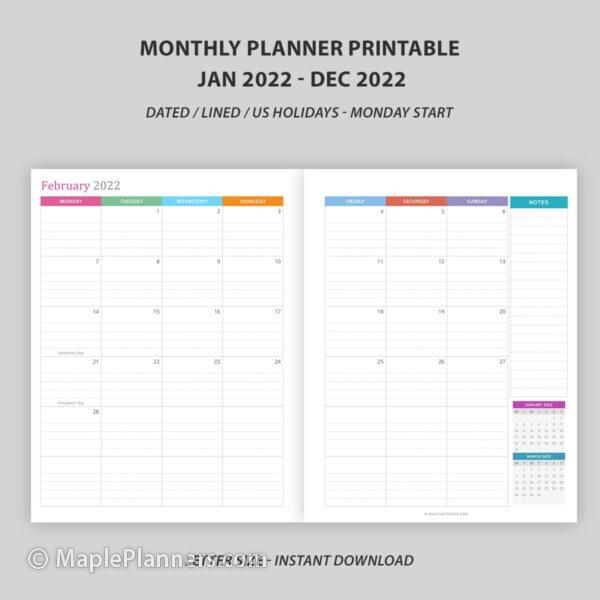 Lined and Dated Monthly Calendar 2022 Printable
