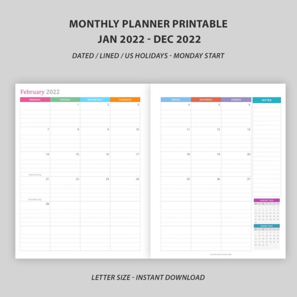 Lined and Dated Monthly Calendar 2022 Printable