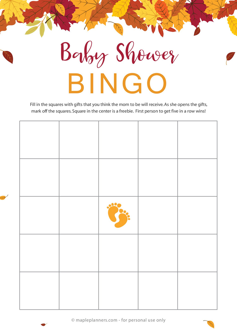 Free Printable Fall Baby Shower Bingo