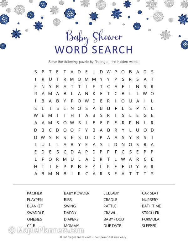 Winter Wonderland Baby Shower Word Search Printable