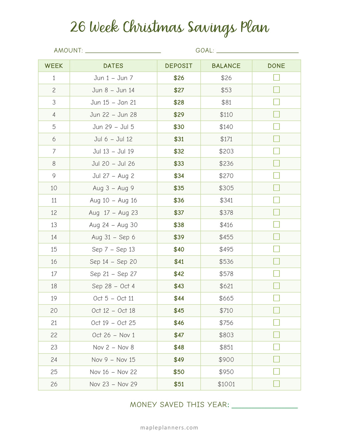 26 Week Christmas Savings Challenge