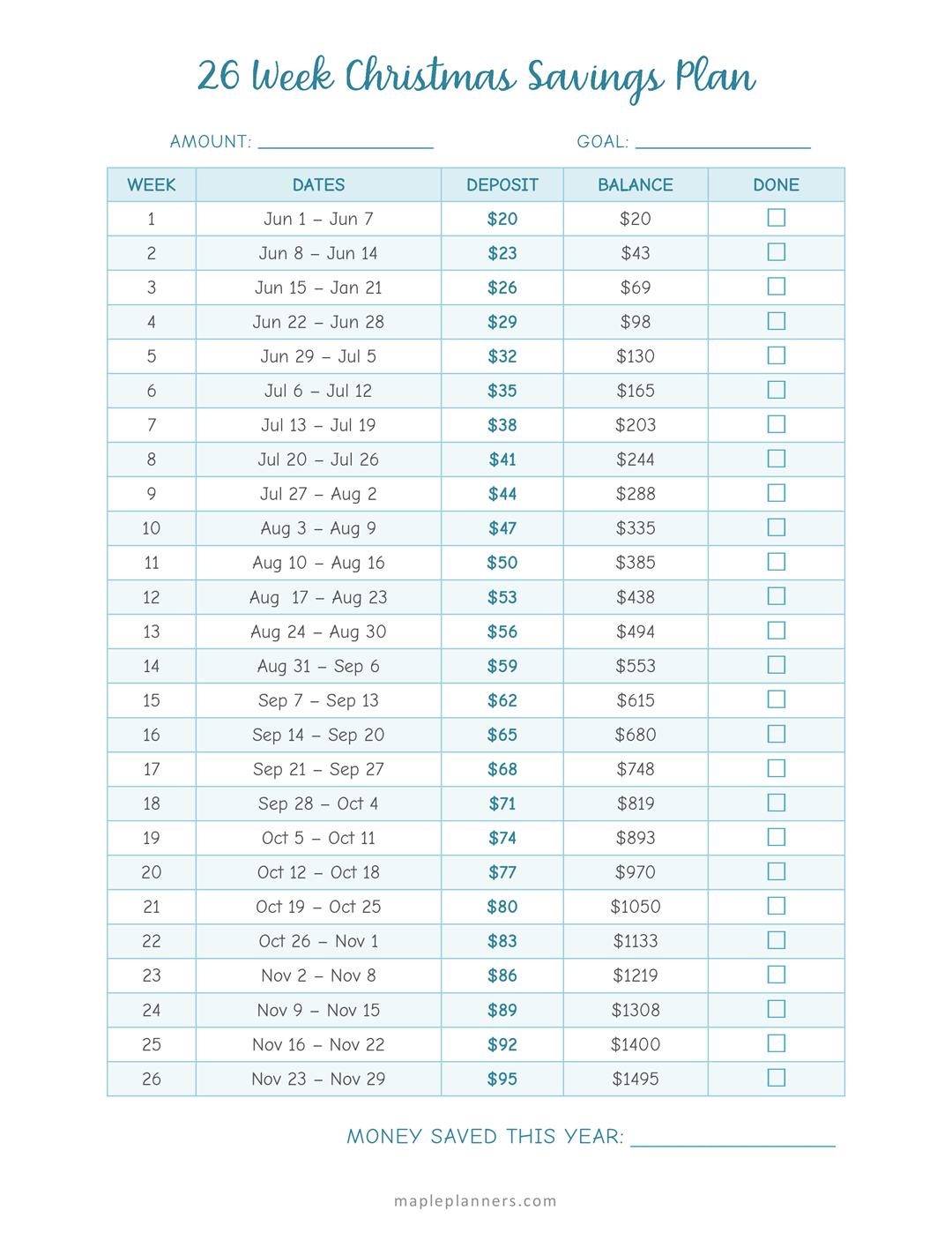 Free Printable 26 Week Christmas Savings Challenge