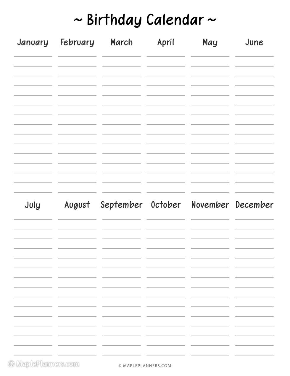 Birthday Calendar template