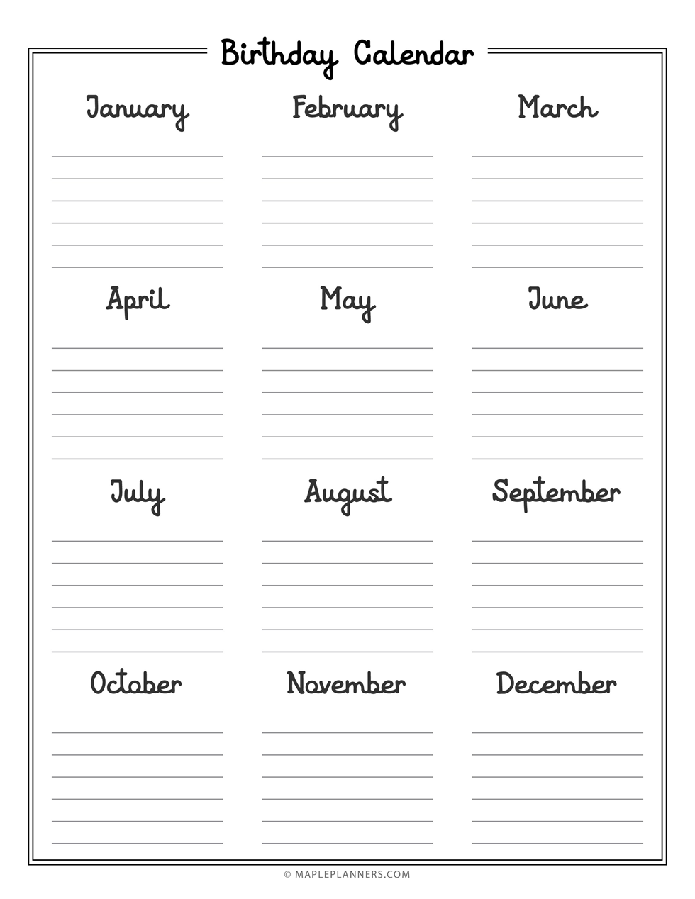 Free Printable Birthday Calendar