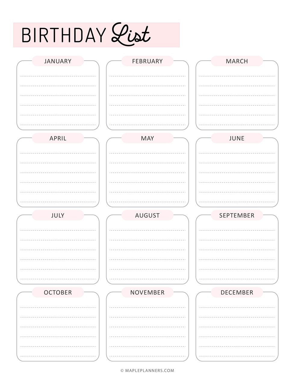 Free Printable Birthday List Template