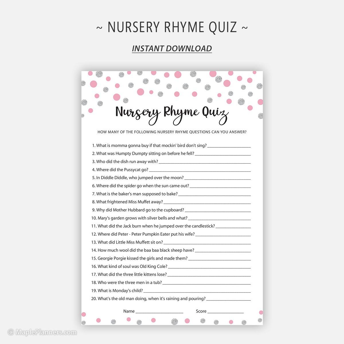 Silver Pink Nursery Rhyme Quiz Printable Cards
