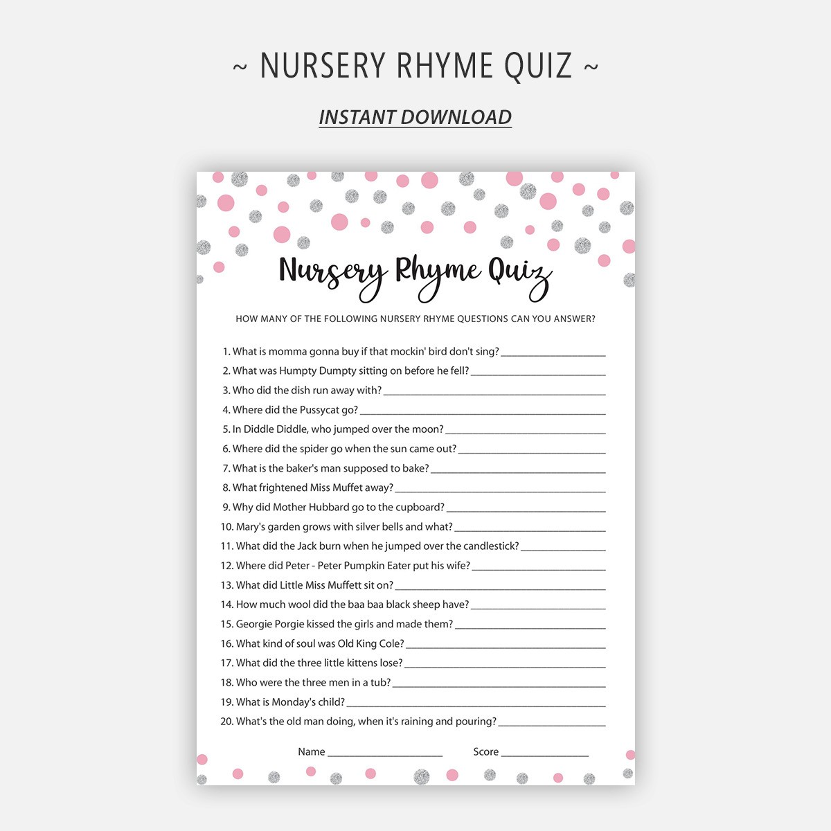 Silver Pink Nursery Rhyme Quiz Printable Cards