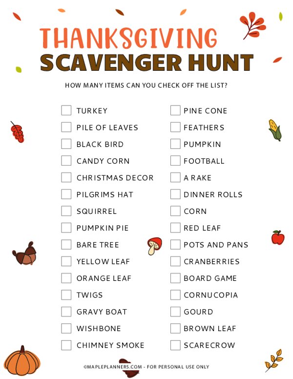 Printable Thanksgiving Scavenger Hunt