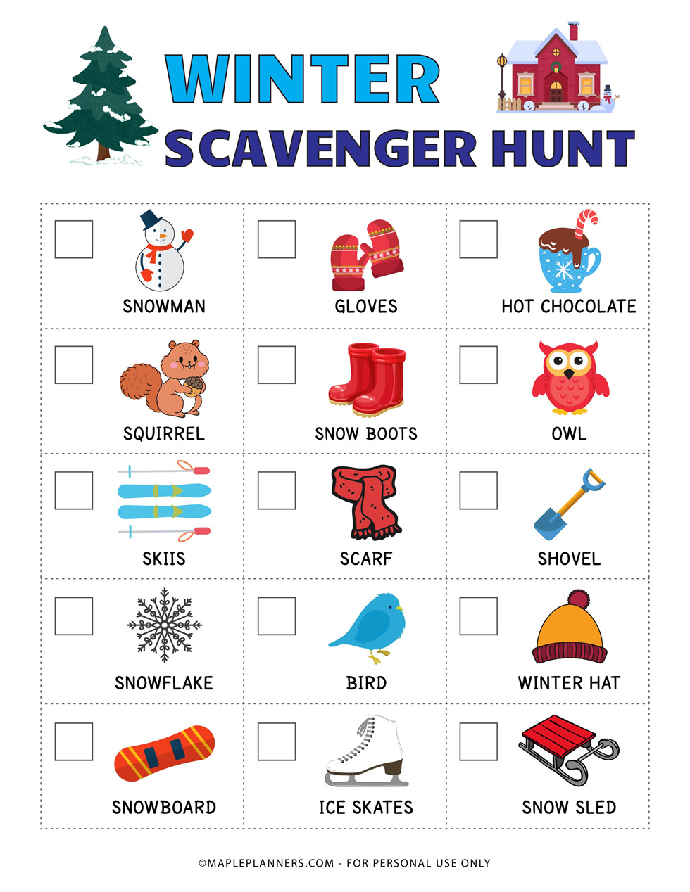 Printable Winter Scavenger Hunt Game - Prefilled