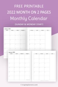 2022 Monthly Calendar Template – Month on 2 Pages