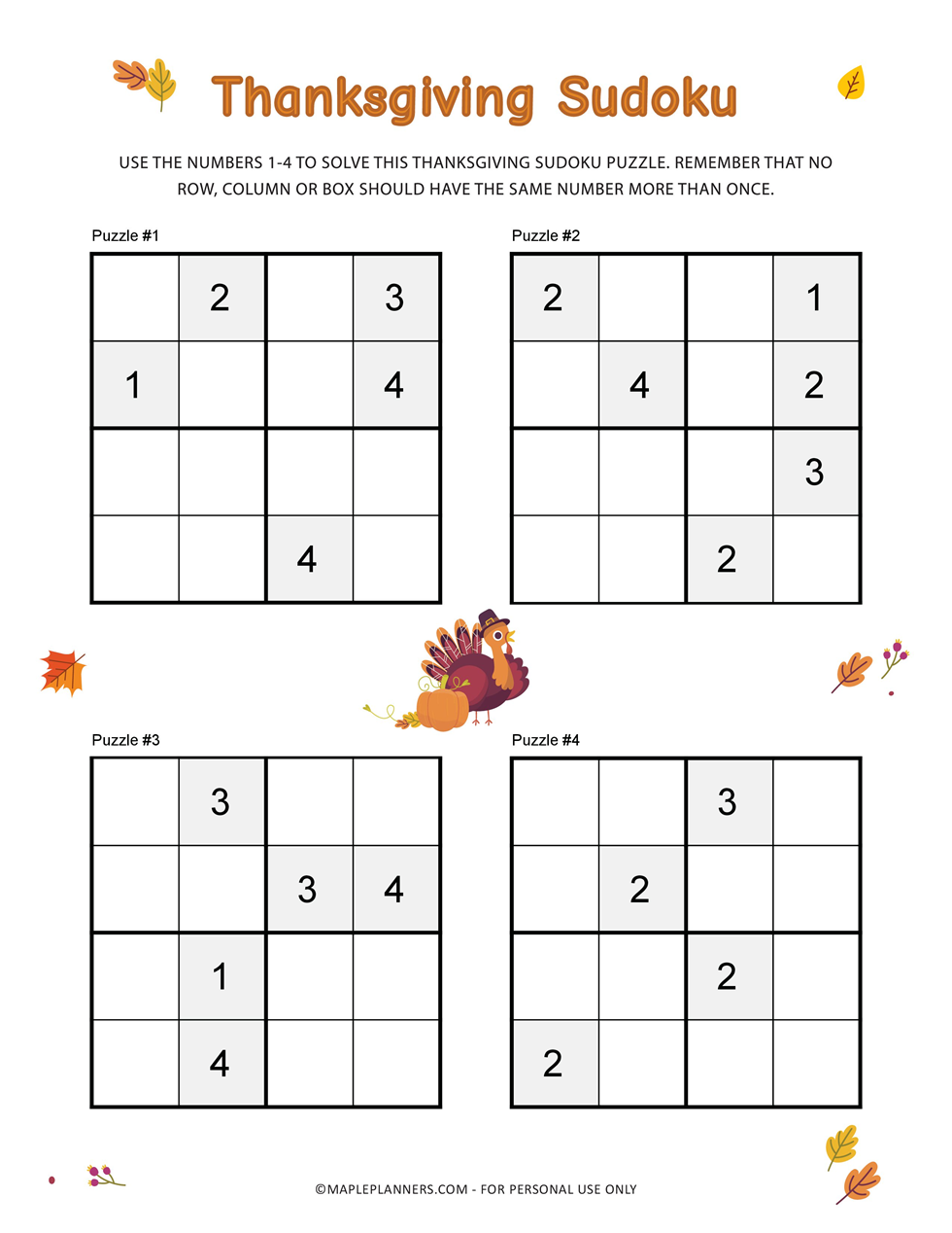 Thanksgiving Sudoku for Kids