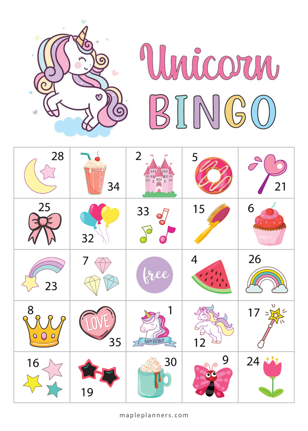 Free Printable Unicorn Bingo