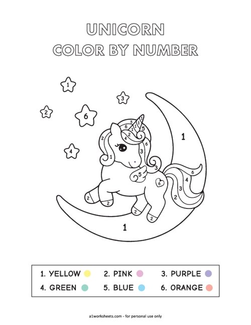 Unicorn Color by Number Worksheets