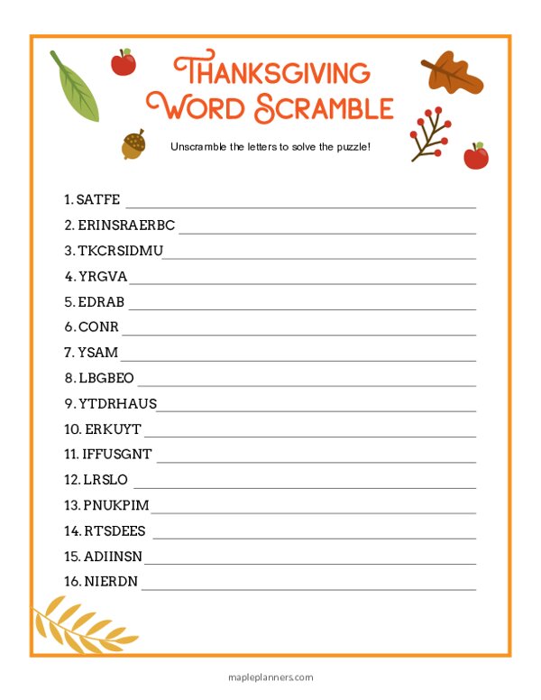 Thanksgiving Word Scramble