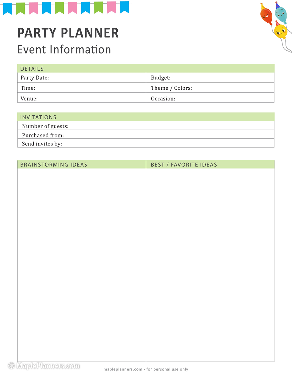 Party Planner Event Information
