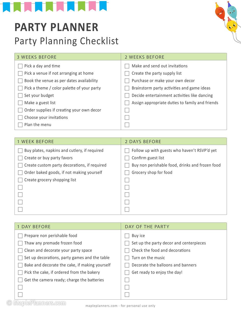 Party Planning Checklist Prefilled